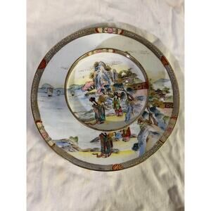 Antique Royal Kaga Nippon Japan Blue Plum Blossom Geisha Two Tier Plate